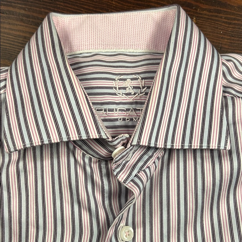Bugatchi Uomo size 16/40 Men's Striped Dress Shirt - cuff links shirt Pink blue